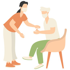Volunteers Character with Old People. Care and Helping. Flat Vector Illustration.