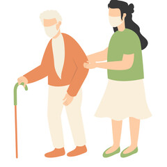 Volunteers Character with Old People. Care and Helping. Flat Vector Illustration.