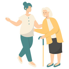 Volunteers Character with Old People. Care and Helping. Flat Vector Illustration.