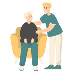 Volunteers Character with Old People. Care and Helping. Flat Vector Illustration.