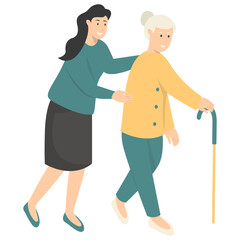 Volunteers Character with Old People. Care and Helping. Flat Vector Illustration.