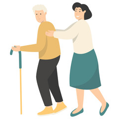 Volunteers Character with Old People. Care and Helping. Flat Vector Illustration.