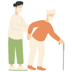 Volunteers Character with Old People. Care and Helping. Flat Vector Illustration.