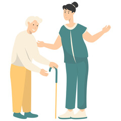 Fototapeta premium Volunteers Character with Old People. Care and Helping. Flat Vector Illustration.