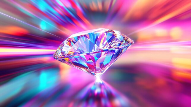 ultra-high definition digital artwork, levitating solitaire diamond, razor-thin light beam from zenith, dazzling chromatic aberration, pdm text formed by refracted light on obsidian-like platform,