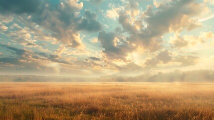 Soft clouds creating a tranquil atmosphere over a golden field.