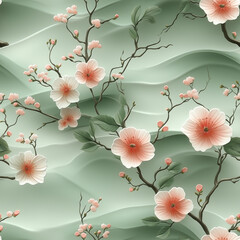 Seamless pattern with cherry blossoms and delicate leaves, inspired by Japanese gardens, soft pinks and greens, minimalist composition, light watercolor style, flowing shapes
