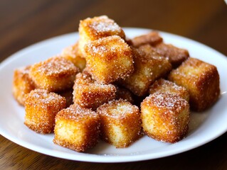 A white plate topped with cubes of breaded tofu on a wooden table