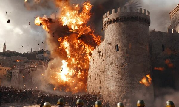 A discarded Viking shield lies amidst blazing flames and dark smoke under a moody sky, evoking a sense of historical battle and chaos.