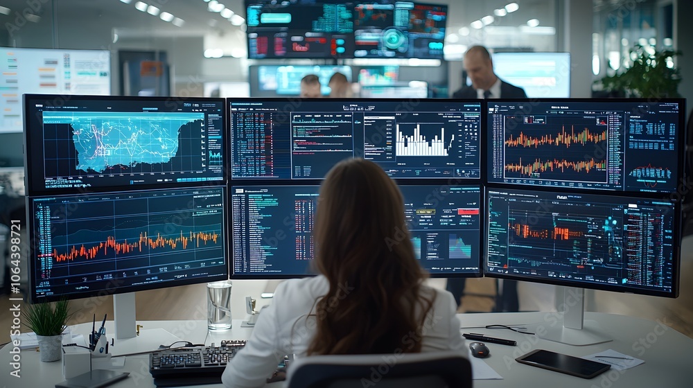 Poster Close up view of financial advisors working together examining market trends and data displayed on digital screens in a modern office setting