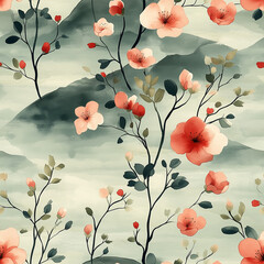 Seamless pattern with cherry blossoms and delicate leaves, inspired by Japanese gardens, soft pinks and greens, minimalist composition, light watercolor style, flowing shapes