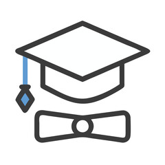 Graduation Cap and Diploma Outline Icon, Minimalist icon of a graduation cap and diploma in black outline, symbolizing education, academic achievement, and graduation.