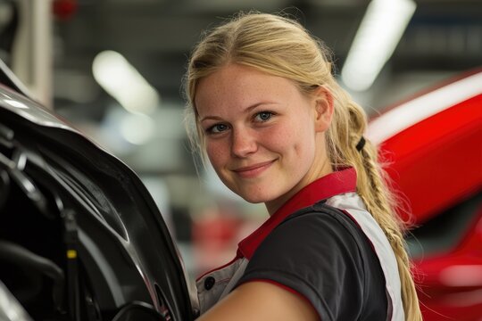 Workforce dedication: portrait of young factory worker, showcasing grit and perseverance of a girl in heart of production, emphasizing her role within machinery, industrial environment.