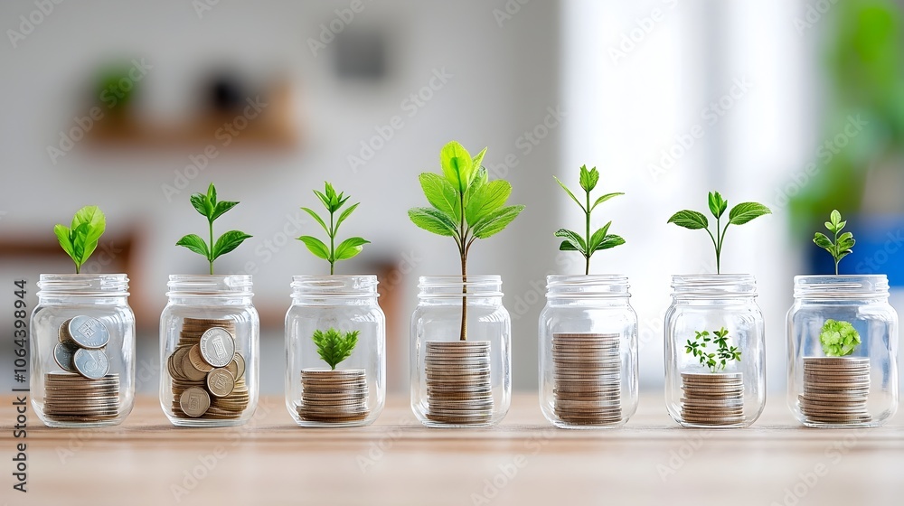 Poster stacks of coins with miniature plants symbolizing the concept of green or environmentally friendly i