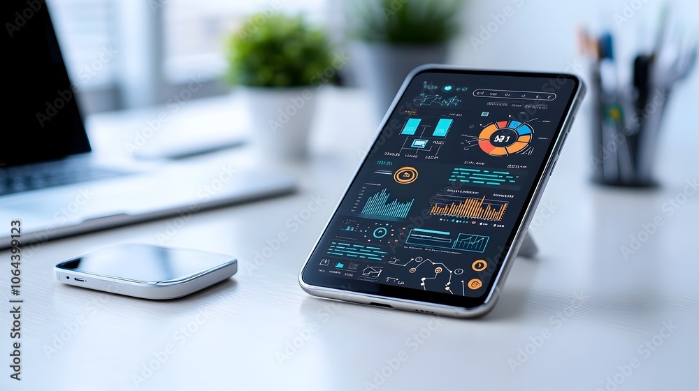 Poster Investment portfolio summary displayed on a smartphone with high tech graphics and comprehensive financial analytics for data driven decision making