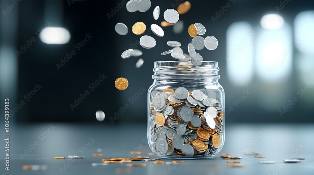Poster close up view of coins dropping into a glass jar labeled savings symbolizing financial planning and 