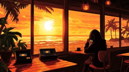 Fototapeta premium Person enjoys sunset view in peaceful setting.