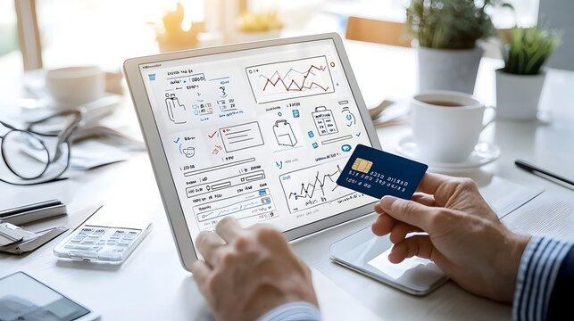 Person Examining Financial Records and Expenses with Credit Card and Digital Tablet for Monthly Budgeting and Management - Powered by Adobe