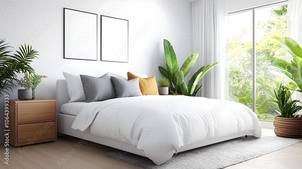 Poster minimalist and modern bedroom design with a white bed wooden nightstands and a cozy area rug creatin