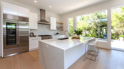 Fototapeta premium Elegant and modern contemporary kitchen design featuring stainless steel appliances white cabinets and a sleek marble countertop The bright spacious