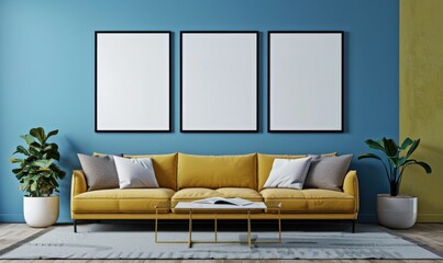 Modern living room interior with yellow sofa, blue walls, and three blank canvas frames ready for your design