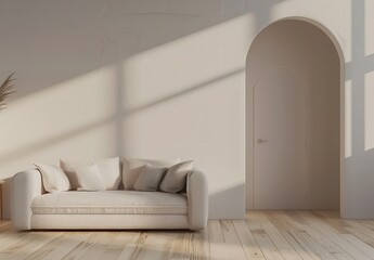 Minimalist living room interior with a white sofa, a floor lamp, and an arched door. The room features white walls, a wooden floor, and a white door