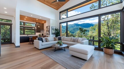 Spacious and Bright Living Room with Floor to Ceiling Windows Offering a Panoramic View of the Surrounding Nature Landscape  Cozy and Comfortable Sectional Sofa Creates a Relaxing Ambiance