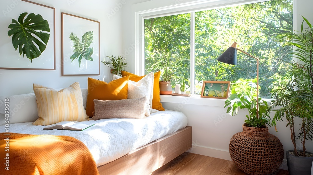 Aufkleber cozy and inviting bedroom nook with plush pillows comfortable window seat and warm reading lamp a pe