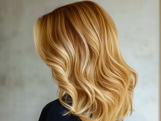 Naklejka premium A woman with long wavy blonde hair is shown from the back