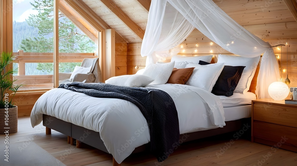 Poster cozy and inviting bedroom with a plush canopy bed soft lighting and warm wooden accents creating a s