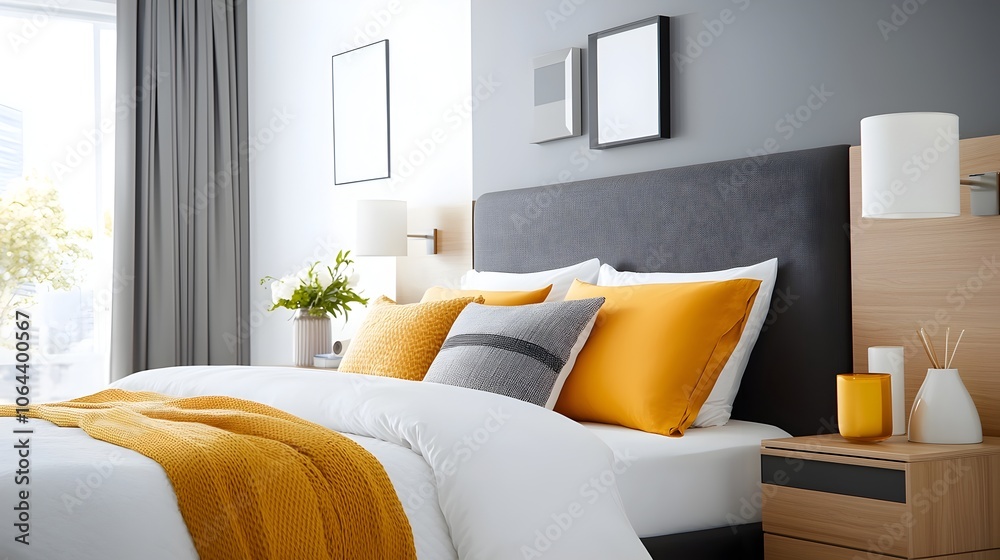 Poster serene and elegant modern bedroom with statement headboard matching side tables and fresh linens cre