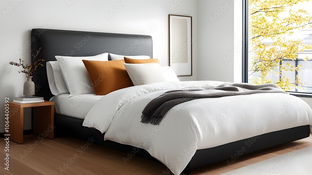Aufkleber A modern and sophisticated bedroom design featuring a statement headboard matching side tables and fresh inviting linens that create a tranquil and calming atmosphere for rest and relaxation