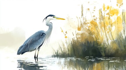 Naklejka premium Elegant wild heron standing by a tranquil river in summer, surrounded by lush greenery and reflecting calm waters in a scenic natural habitat – perfect wildlife photography of a graceful bird in prist