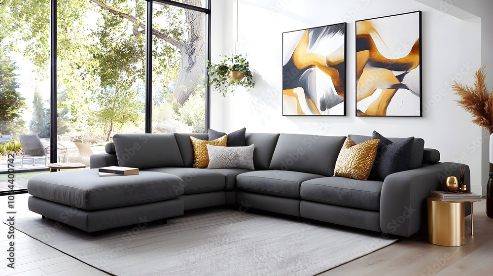 Poster sophisticated and inviting gray sectional living room with elegant gold accents and captivating abst