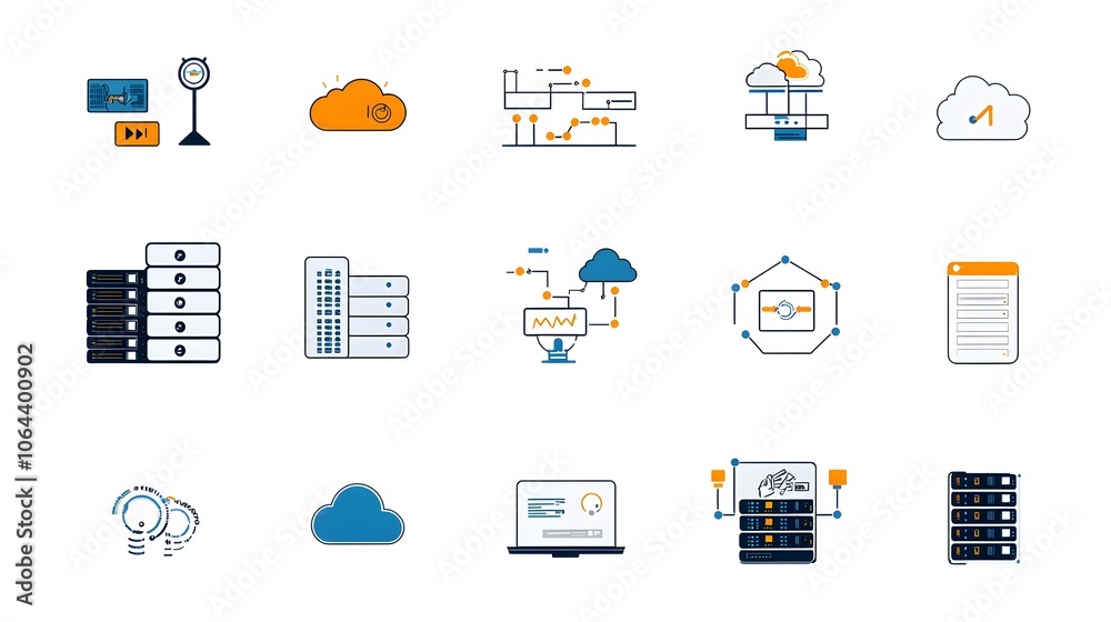 Fototapete A collection of web hosting and cloud computing icons depicted in a clean linear design style  The symbols represent various elements of digital infrastructure data exchange