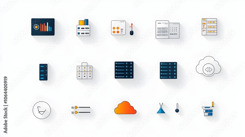 Poster Simplistic line icons depicting various web hosting and cloud computing elements such as domain data exchange servers and other technology symbols on a white background