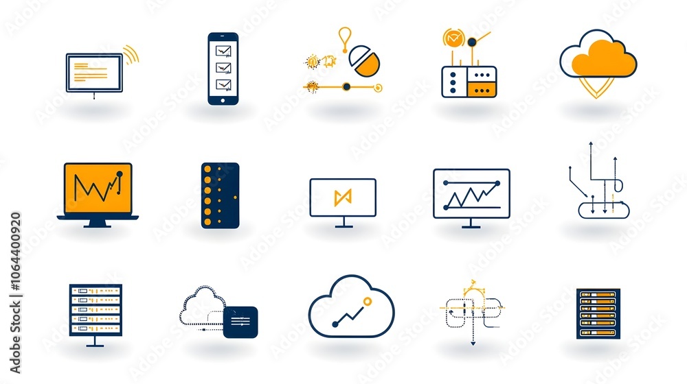 Leinwandbilder Collection of various web hosting and cloud computing related line art icons including webspace website and data exchange symbols displayed on a clean white background