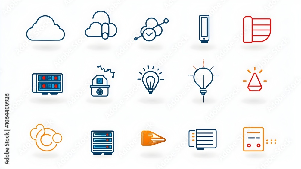 Poster Elegant and Simplified Line Art Style Icon Set Depicting Various Hosting and Cloud Computing Concepts on a Clean White Background  This Digital Represents the Technology Connectivity