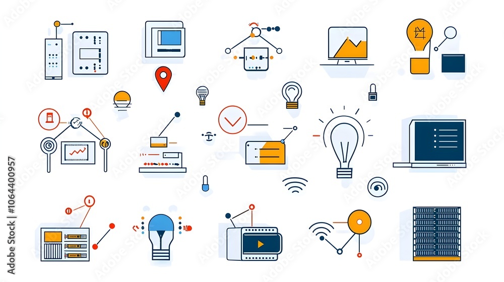 Fototapete Minimalist line art icons with simple shapes and symbols representing web hosting domain servers data exchange and internet connectivity on a clean white background