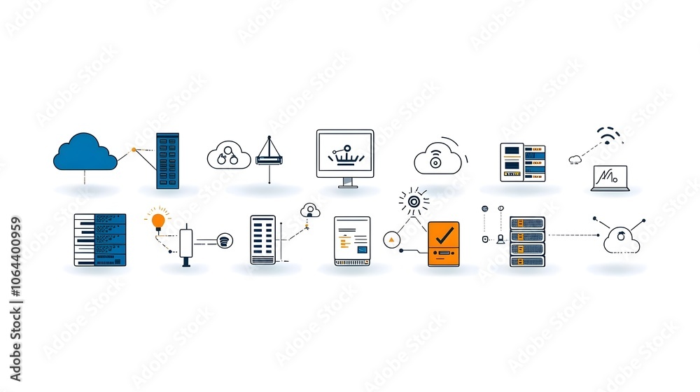 Aufkleber Minimalist line art icon collection showcasing cloud computing server and network traffic symbols on a clean white background  Ideal for technology IT and digital services branding and marketing