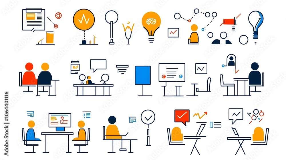 Leinwandbilder Collection of meeting icons in line style featuring conference team discussion and interview symbols on a white background representing business professional organization concepts