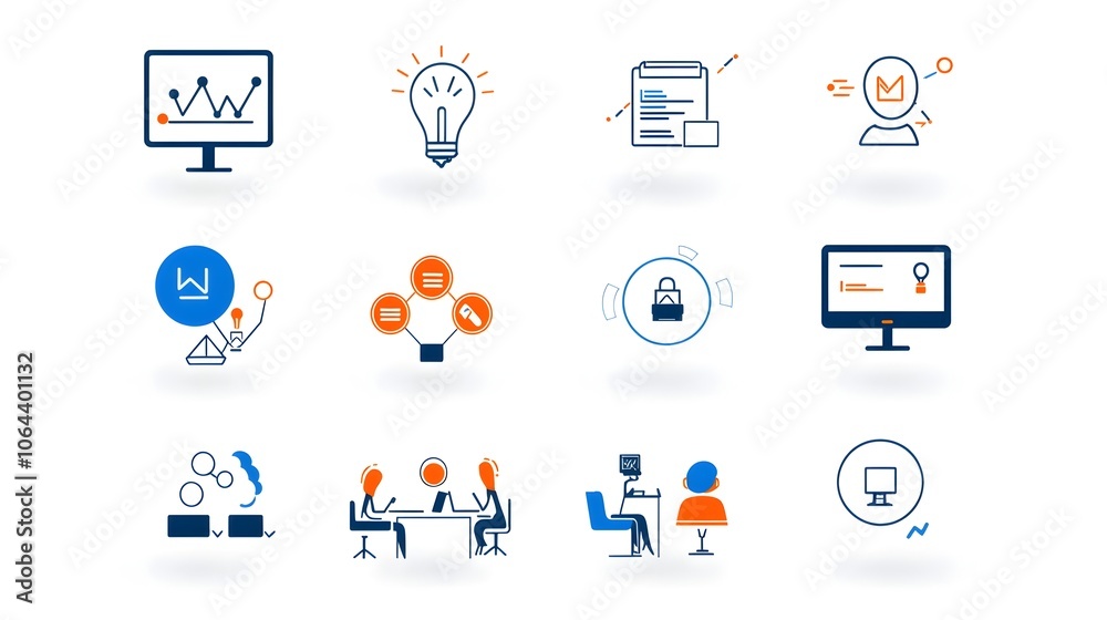 Poster Set of line style icons representing various elements and symbols related to live meetings including conference work team and discussion themes