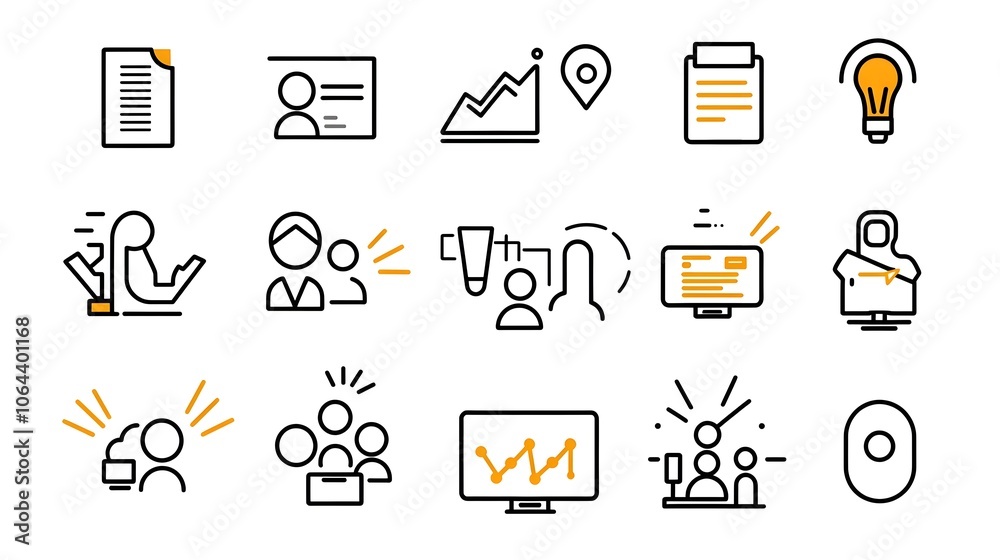 Poster set of line style icons representing various elements of live meetings conferences and team discussi