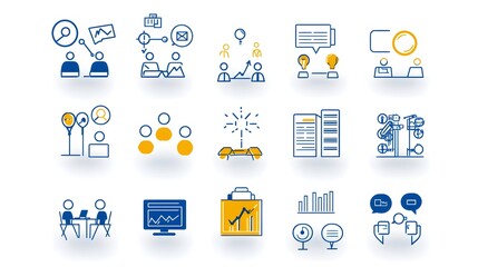 Collection of meeting icons in line style featuring conference team discussion and interview symbols on a clean white background representing corporate decision making processes