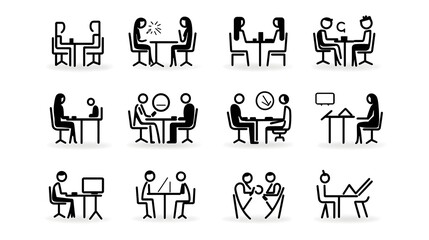 Collection of meeting icons in line style featuring various conference team discussion and interview symbols on a white background representing business organization