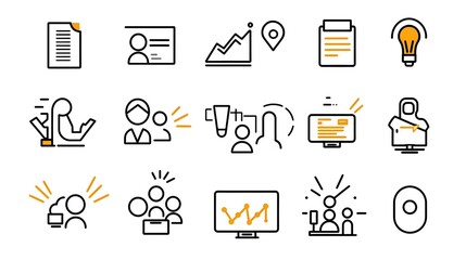 Set of line style icons representing various elements of live meetings conferences and team discussions including symbols for communication all displayed on a clean white background
