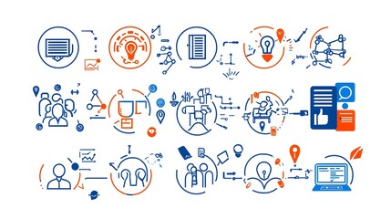 Line style icons representing live online meetings conferences work teams and group discussions with various symbols on a clean white background  Concepts of digital technology in the corporate