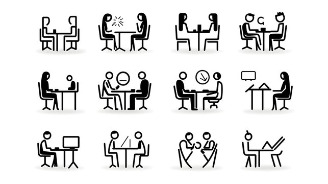Collection of meeting icons in line style featuring various conference team discussion and interview symbols on a white background representing business organization
