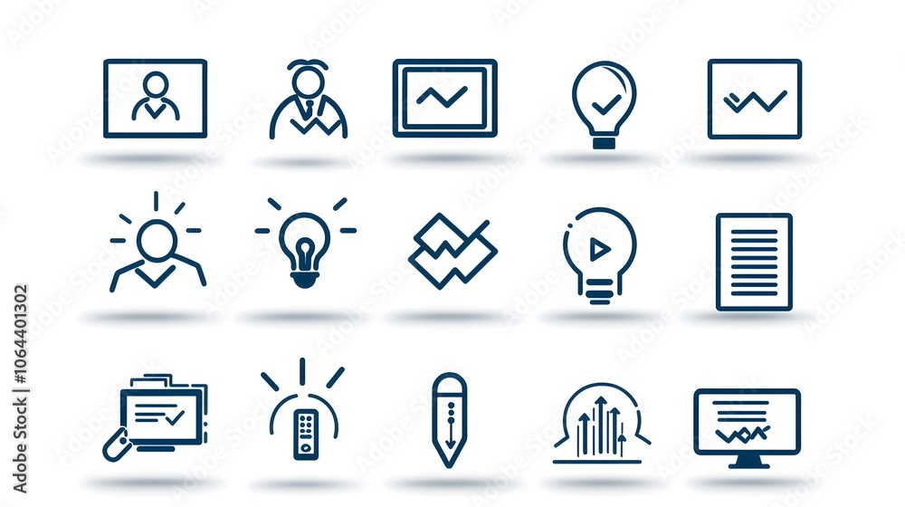 Poster line style icons for live webinar collection includes business meeting team discussion and interview