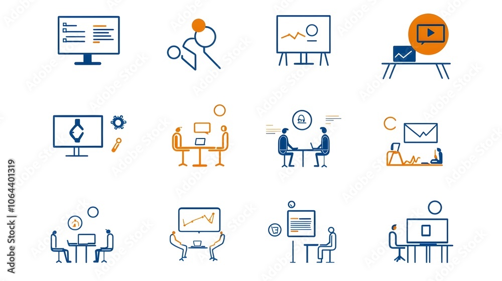 Poster line style icons for live webinar including business meeting team discussion and interview symbols o